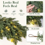 Pre-Lit Christmas Garland 9FT Decorations Real Touch Cedar Cypress Pine Greenery Artificial Green Christmas Garland with Lights for Mantle, Fireplace, Table, Stairs, Door, Indoor Outdoor Decorations