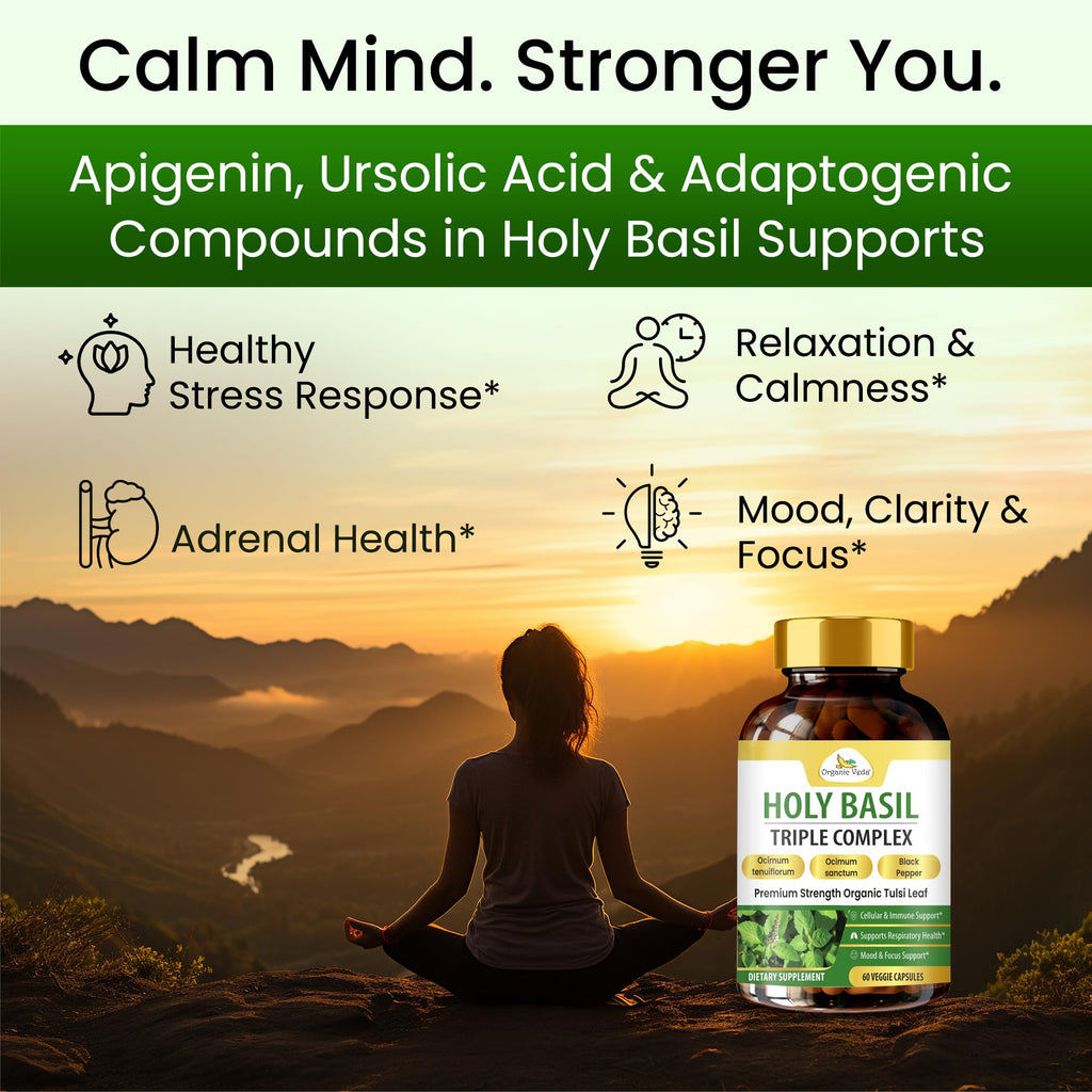 Organic Veda Holy Basil Capsules - Triple Complex Tulsi Leaf Supplement with Black Pepper Extract - Support Respiratory & Immune Health, Promotes Healthy Stress Response & Mood - 60 Vegan Capsules