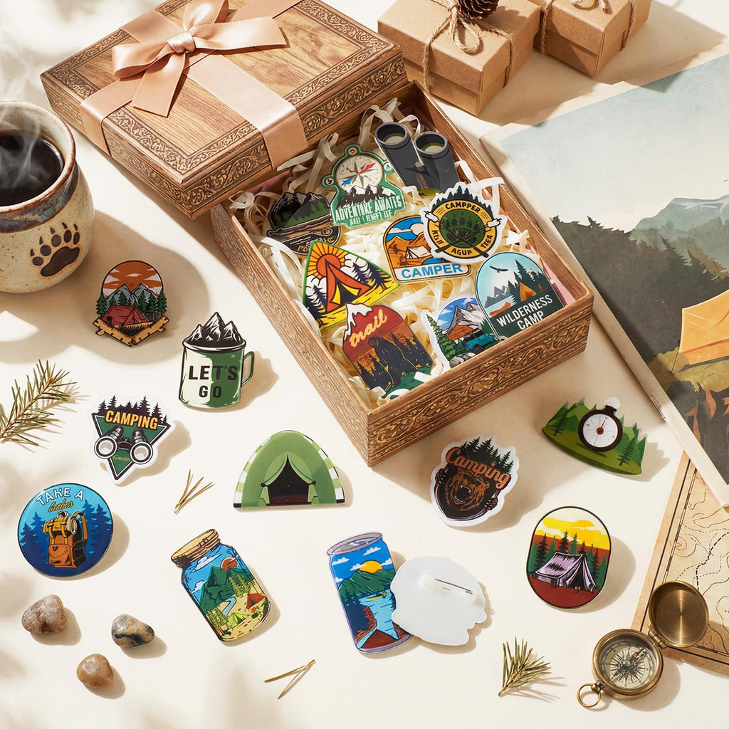 Cunno 100 Pcs Camping Pins Funny Outdoors Camp Adventure Brooch Pins Lapel Pin for Camping Adventure Birthday Party Decorations Gift Hat Jacket Clothes Backpacks Decor Accessories