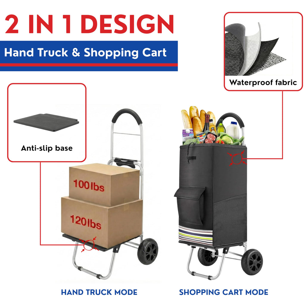 Shopping Cart, Super Loading Grocery Trolley, 220 lbs Capacity, Foldable Cart with Extra Large Black Shopping Bag Portable Grocery Utility Cart With Adjustable Bungee Cord