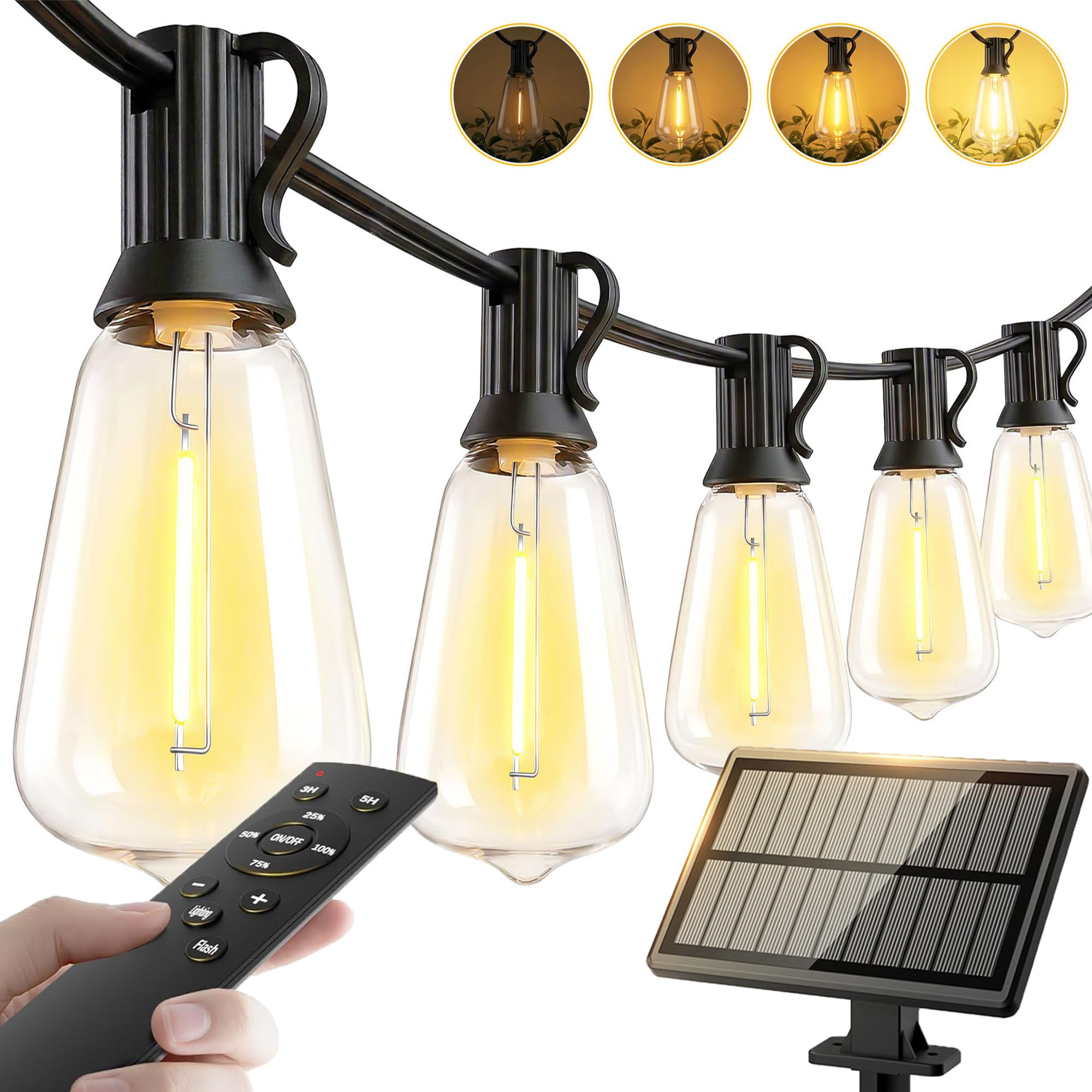 100ft-Solar-String-Lights-Outdoor-Waterproof-Solor-Powered-Patio-Light-Hanging-Outside-Backyard-Camping-Yard-Gazebo-Garden-Pergola-Bistro-Balcony-Cafe-Party-Fence-Lighting LED Edison Bulb & Remote