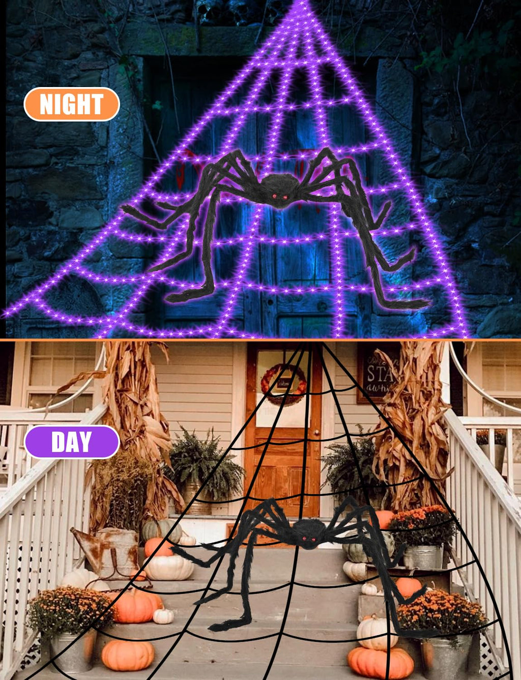 Halloween Decorations Outdoor Spider Web Lights - 16.4Ft Light Up Spider Web with 550 LEDs, Waterproof, 8 Modes Memory Function for Outdoor Yard Halloween Decorations (with Spider)