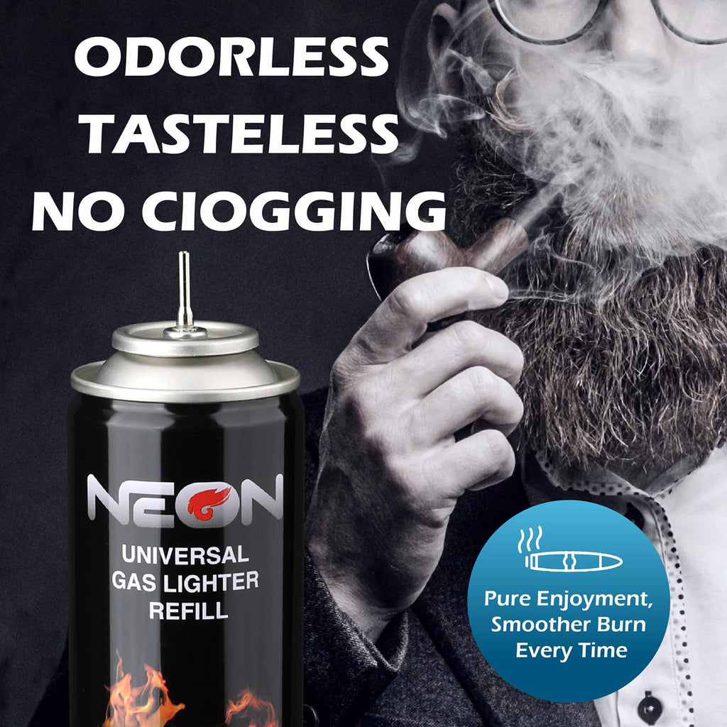 NEON Butane Fuel 300ml, 5X Premium Refined Butane Refill for Torch Lighter, 0 Impurities Lighter Fluid with Metal Nozzle & 5 Butane Gas Refill Adapters for Culinary, Welding, and DIY (4 Cans)