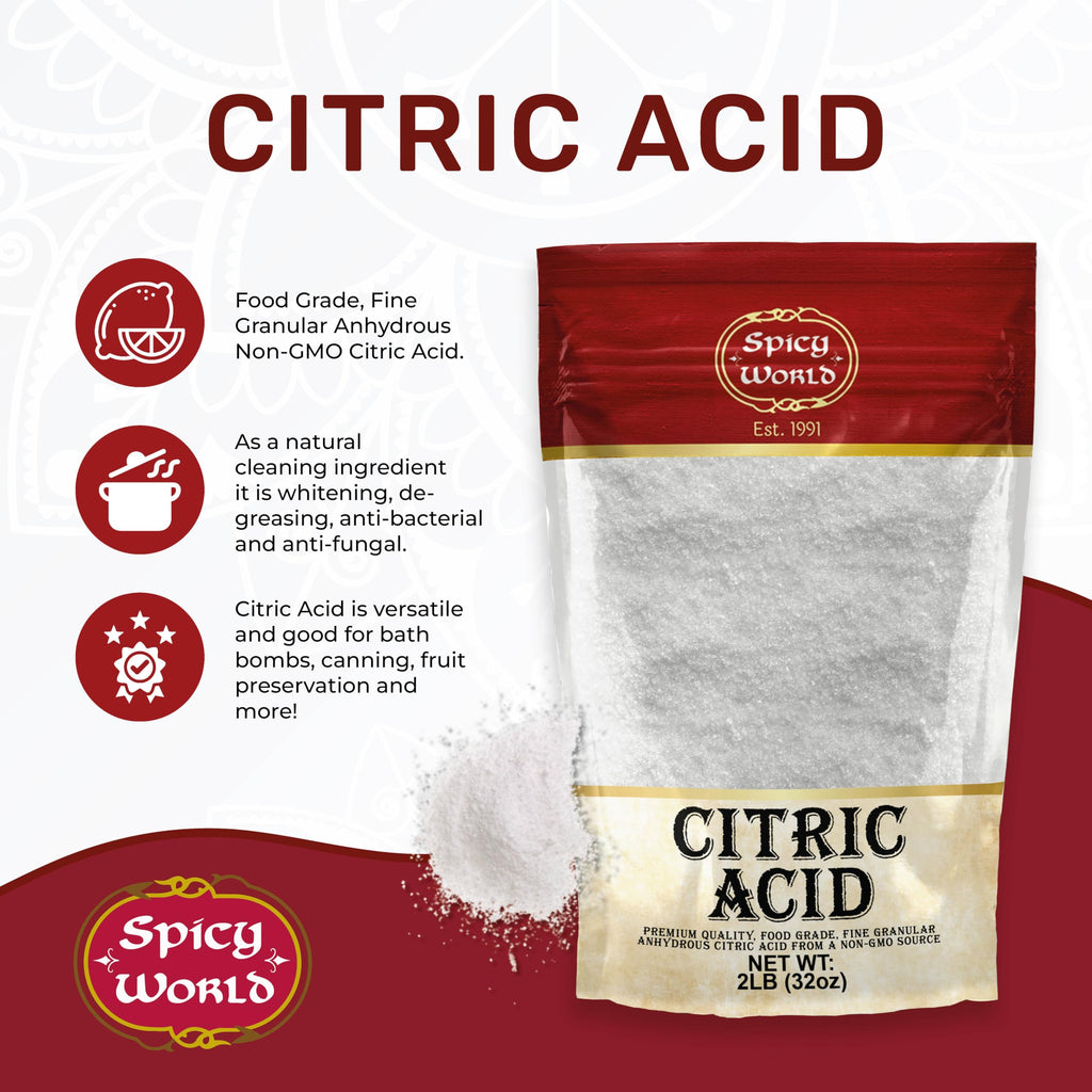 Citric Acid 2 LB Bag - 100% Pure, Food Grade & Non-GMO - Citric Acid Powder For Cleaning, Bath Bombs, Preserving - Fine Granular by Spicy World