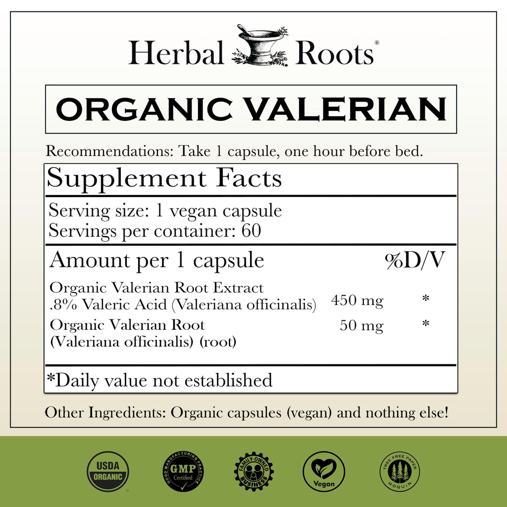 Herbal Roots Pure Organic Valerian Root Capsules - 900 mg - Non-Habit Forming with no Melatonin, Non-GMO - 60 Count Vegan Capsules, Herbal Supplement