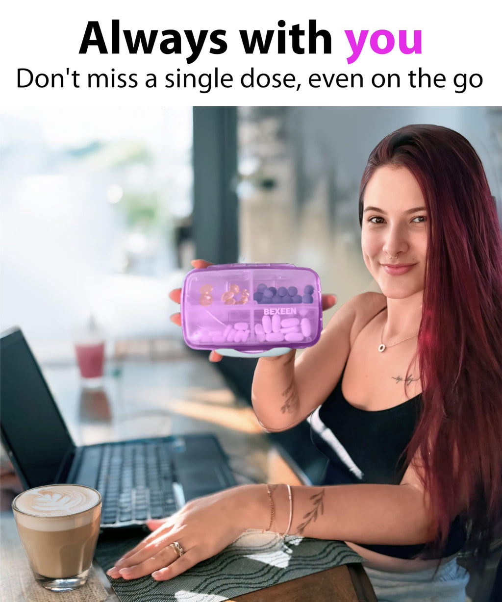 Travel Pill Organizer – Moisture-Proof Medicine Pill Organizer with Labels, 8 Compartment Pill Box Case for Vitamins & Supplements, Portable Pocket Pharmacy (Purple)