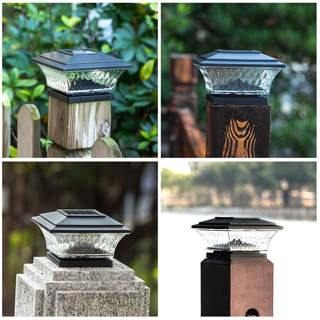 HUYIENO Solar Post Cap Lights Outdoor LED Lighting Deck Fence Cap Light Two Light Modes Warm White/Bright White Suitable for 4x4 Wooden Posts Black 2PK
