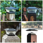 HUYIENO Solar Post Cap Lights Outdoor LED Lighting Deck Fence Cap Light Two Light Modes Warm White/Bright White Suitable for 4x4 Wooden Posts Black 2PK