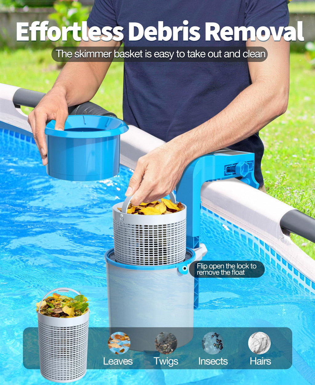DeeprClean Newly Above Ground Pool Skimmer with Solar Digital Thermometer, Wall Mount Surface Skimmer with Adjustable Height Bracket, Auto Skimming for Pool Surface Floating Leaves & Debris - Blue