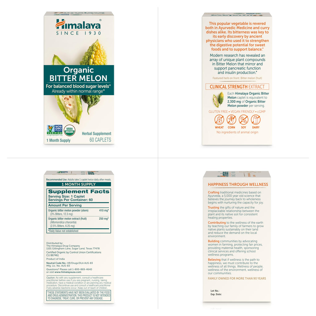 Himalaya Organic Bitter Melon - Herbal Glucose Metabolism Support - USDA Organic, Non-GMO, Vegan, Gluten Free, Additive Free, 660 mg, 60 Caplets