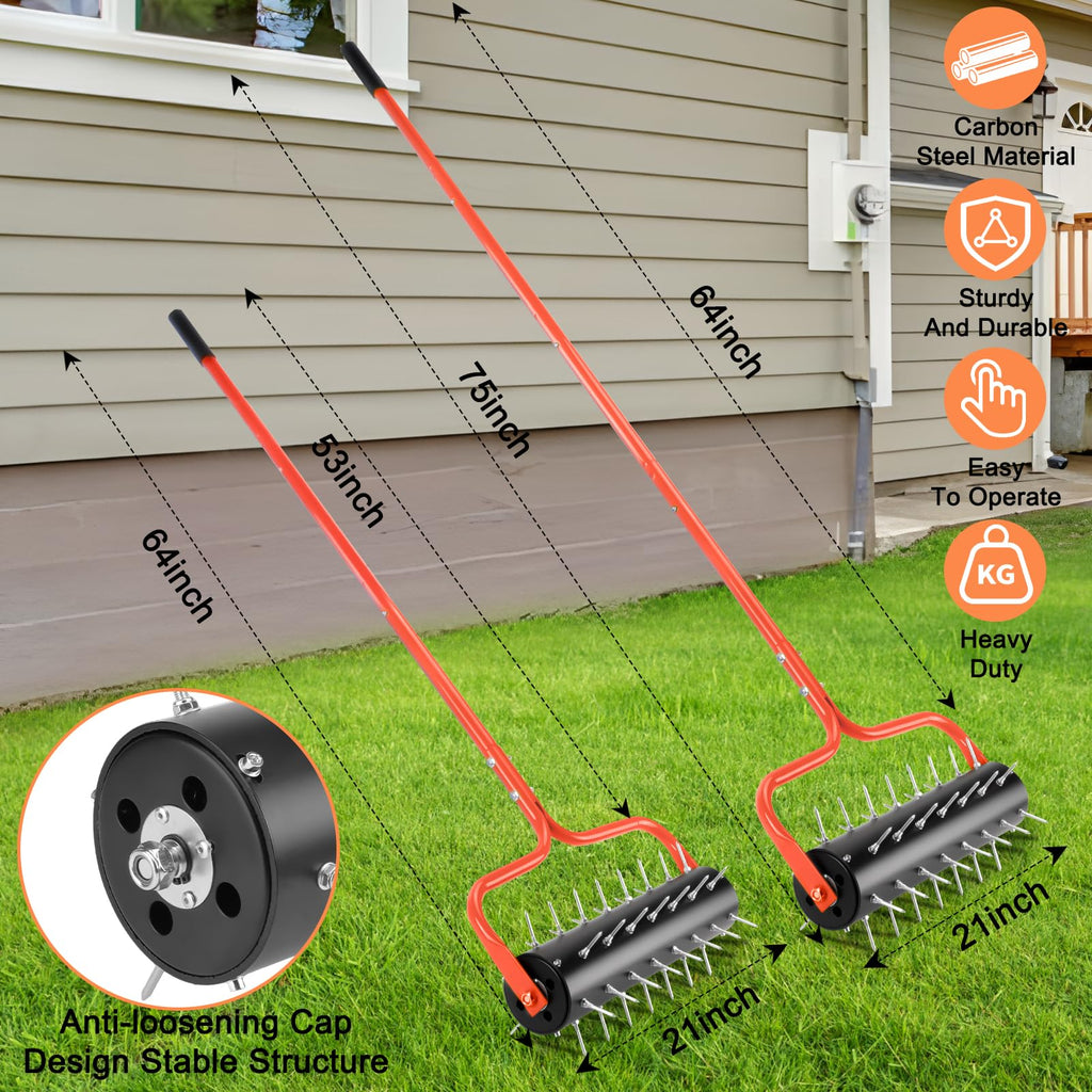 Senjoys 21" Rolling Lawn Aerator, 45 Preassembled Spikes, Only Needs 3-5 Minutes to Assemble, No Looseness, Good Package, 75" Long Handle with Quick Clip Connections, U-Shape Construction - Orange.