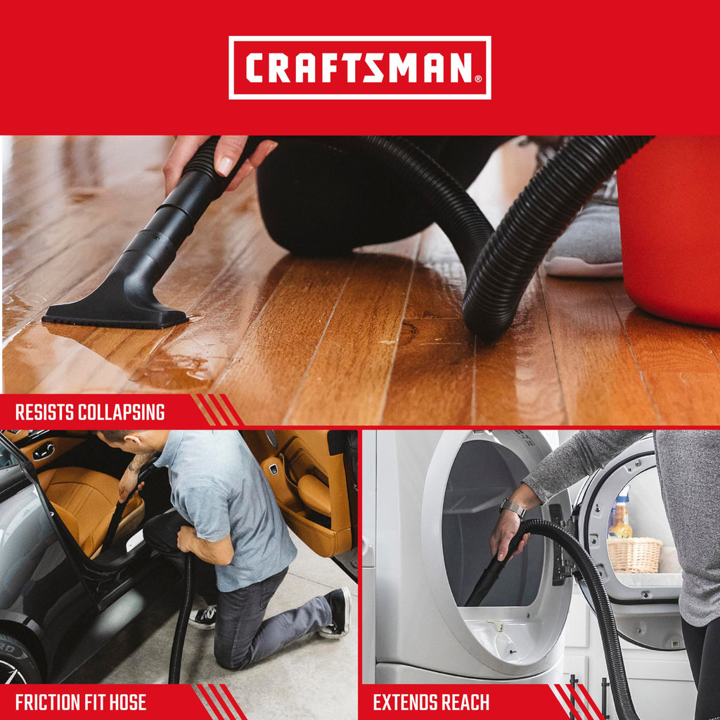 CRAFTSMAN CMXZVBE38762 1-1/4 in. x 6 ft. Friction Fit Wet Dry Vac Hose Attachment Kit, Fits Most Wet/Dry Vacuums with a 2-1/2 inch Drum Inlet and Attaches to 1-1/4 in. Accessories