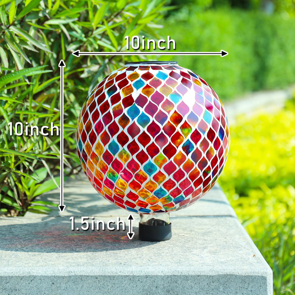 VCUTEKA Solar Gazing Ball, 10" Mosaic Glass Garden Globe Outdoor Decor, Red