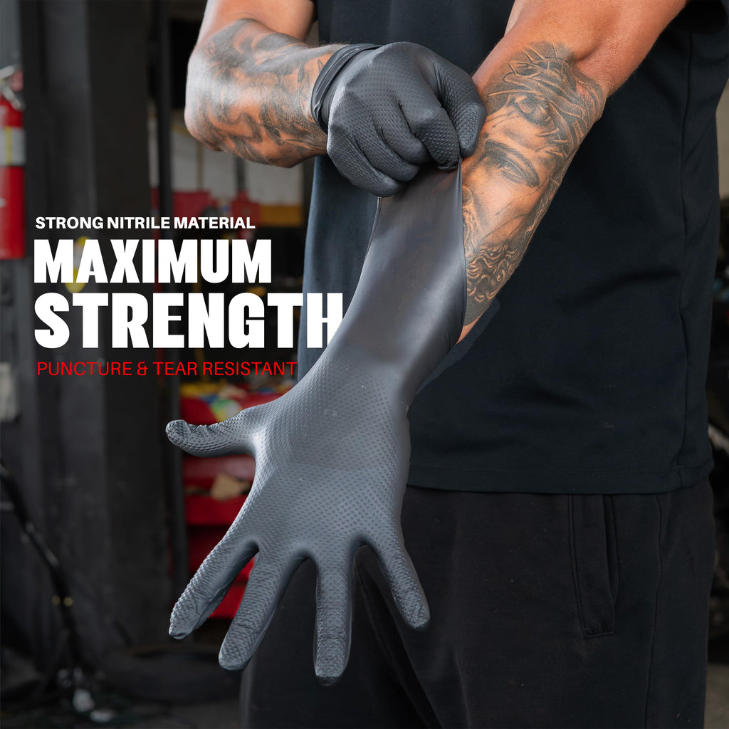 GRIPXX Herkules Grip Heavy Duty 8Mil Black Nitrile Gloves,3D Raised Diamond Texture-Latex & Powder-Free-Industrial, Mechanic (100, X-Large)