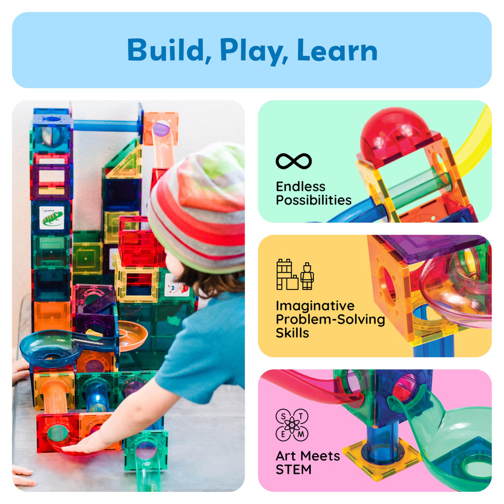PicassoTiles 70pc Marble Run Magnetic Tiles STEM Set for Kids Ages 3 and Older Magnet Tile Marbles Maze Building Blocks Brain Development Toy Preschool Educational Learning Construction Playset PTG70