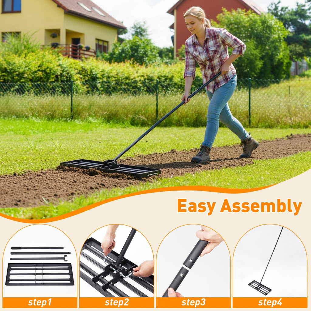 G GREENLY-AG 30" Heavy Duty Lawn Leveling Rake, 6.5FT Soil Leveler Tool