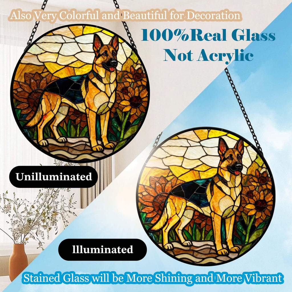 Stained Glass Suncatcher German Shepherd in Sunflowers 6.3 Inch