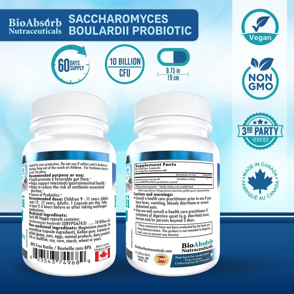 Bio Absorb Saccharomyces Boulardii Probiotic, 10 Billion CFU per Capsule