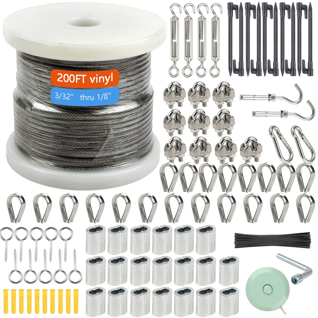 Shineyoo 1/8" Wire Rope Kit，Steel Wire Cable，200FT Turnbuckles for Cables Wire，Vinyl Coated Stainless Steel Cable Wire for Outdoor,Garden,Kitchen,Craft with Turnbuckle