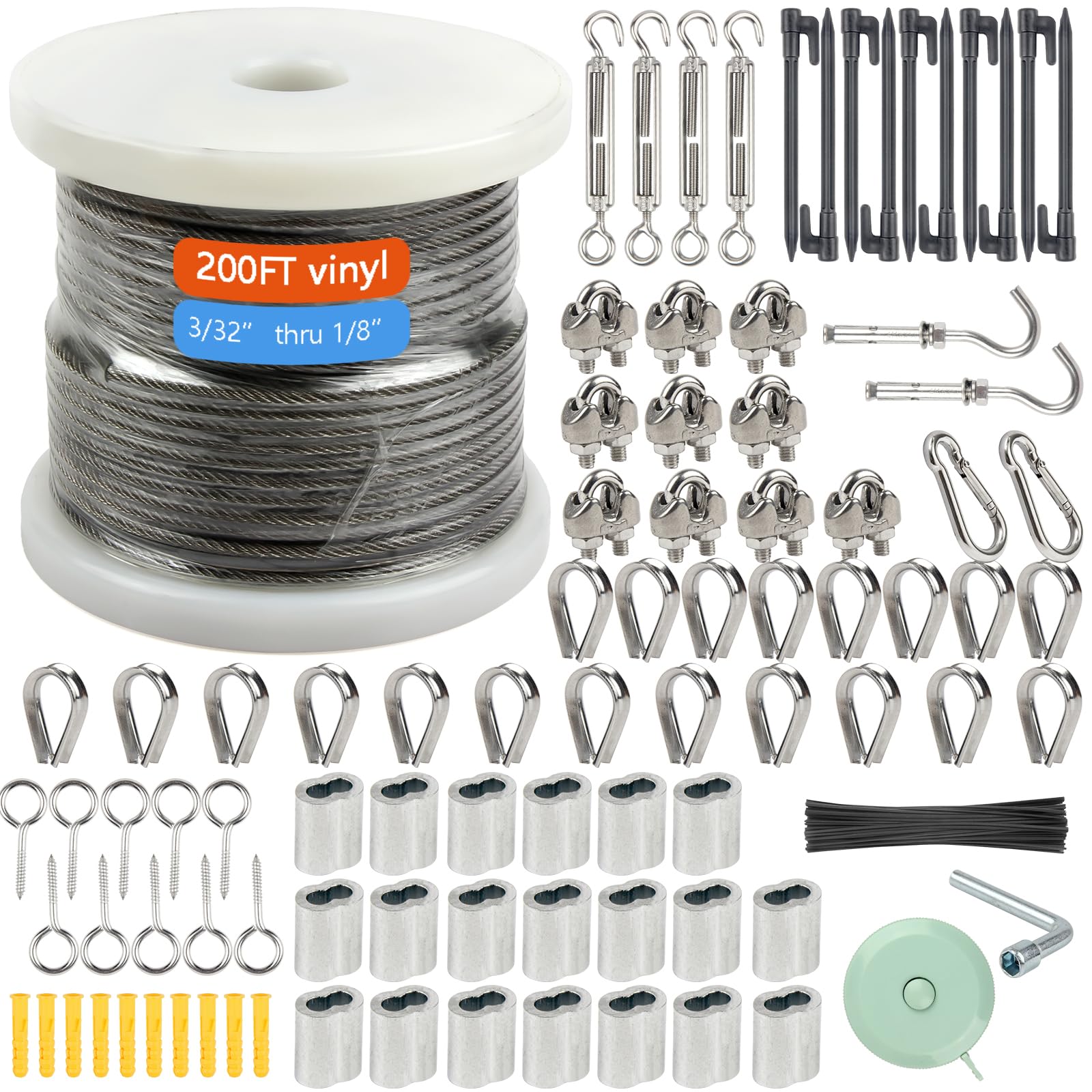 Shineyoo 1/8" Wire Rope Kit，Steel Wire Cable，200FT Turnbuckles for Cables Wire，Vinyl Coated Stainless Steel Cable Wire for Outdoor,Garden,Kitchen,Craft with Turnbuckle