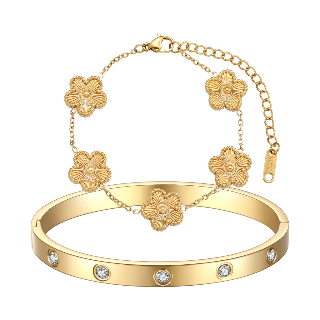 FUNIO 18K Gold Plated Van cleef Clover Bracelet Love bangle Set for Women - Stack Friendship Bracelet Lucky Link Bracelets Jewelry Gifts Trendy for Women