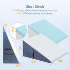 Welzona 12inch Wedge Pillow for Sleep, Updated Bed Wedge, Acid Reflux, Heartburn, GERD, Neck Pain, Cooling Memory Foam Top, Removable Washable Cover Incline Wedge Pillow for Improved Sleep