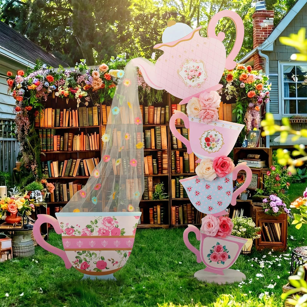 Bucherry 4 Pcs Wonderland Tea Party Yard Decorations Wonderland Garden Yard Sign Stand Set Stacked Teacups Wildflowers with Brackets for Tea Party Birthday Spring Outdoor Decoration