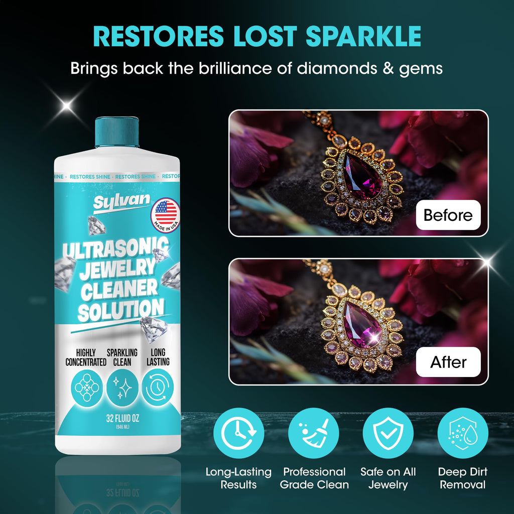 Sylvan Hills Ultrasonic Jewelry Cleaner Solution Concentrate + Free Cloth | 500+ Uses | 32 Oz | Made in The USA | Compatible with All Ultrasonic Cleaners | Cleaner Liquid | Rings, Necklaces & Eyewear