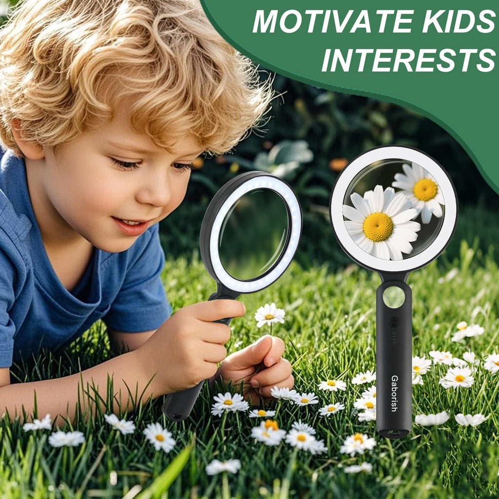 Glass Magnifying Glass with Light Handheld 10X 30X Magnifier with 36 LEDs, 5 Color Modes Rechargeable Lighted Magnifiers, Gift for Senior Reading, Coin, Stamps, Inspection (White & Black)
