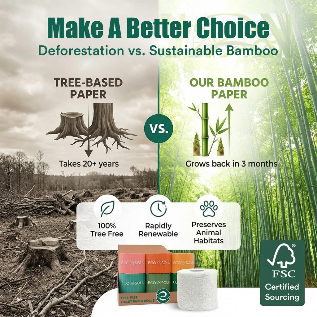 Eco Soul Premium Bamboo Toilet Paper 3 Ply | 12 Mega Rolls | 300 Sheets Each | FSC Certified Hypoallergenic, Textured & Skin-Friendly Septic-Safe Soft Bathroom Tissue Eco-Friendly Chemical & Dye Free