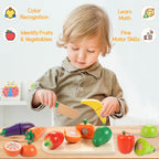 Wooden Play Food for Toddlers, Fruit & Veggies Cutting Set for Play Kitchen