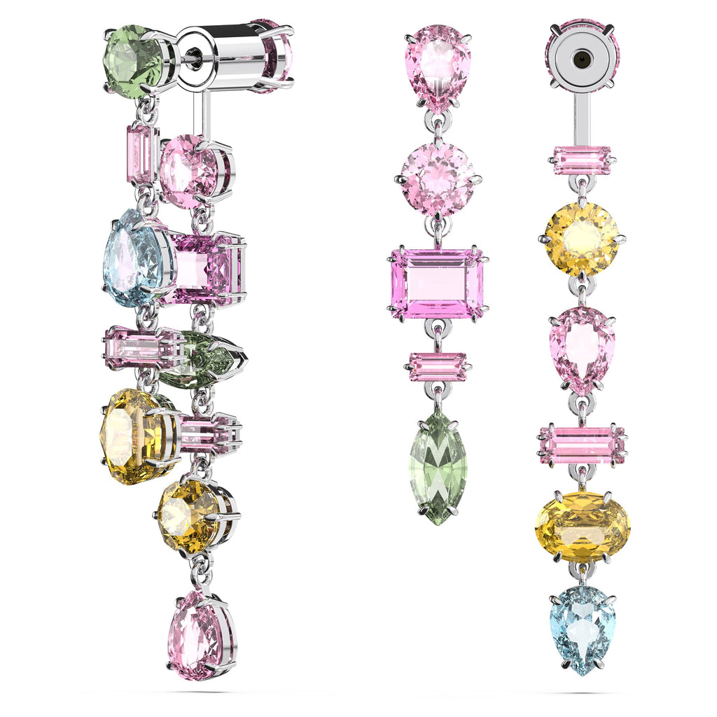 Swarovski Gema Drop Earrings, Asymmetrical design, Mixed cuts, Long, Multicolored, Rhodium Finish