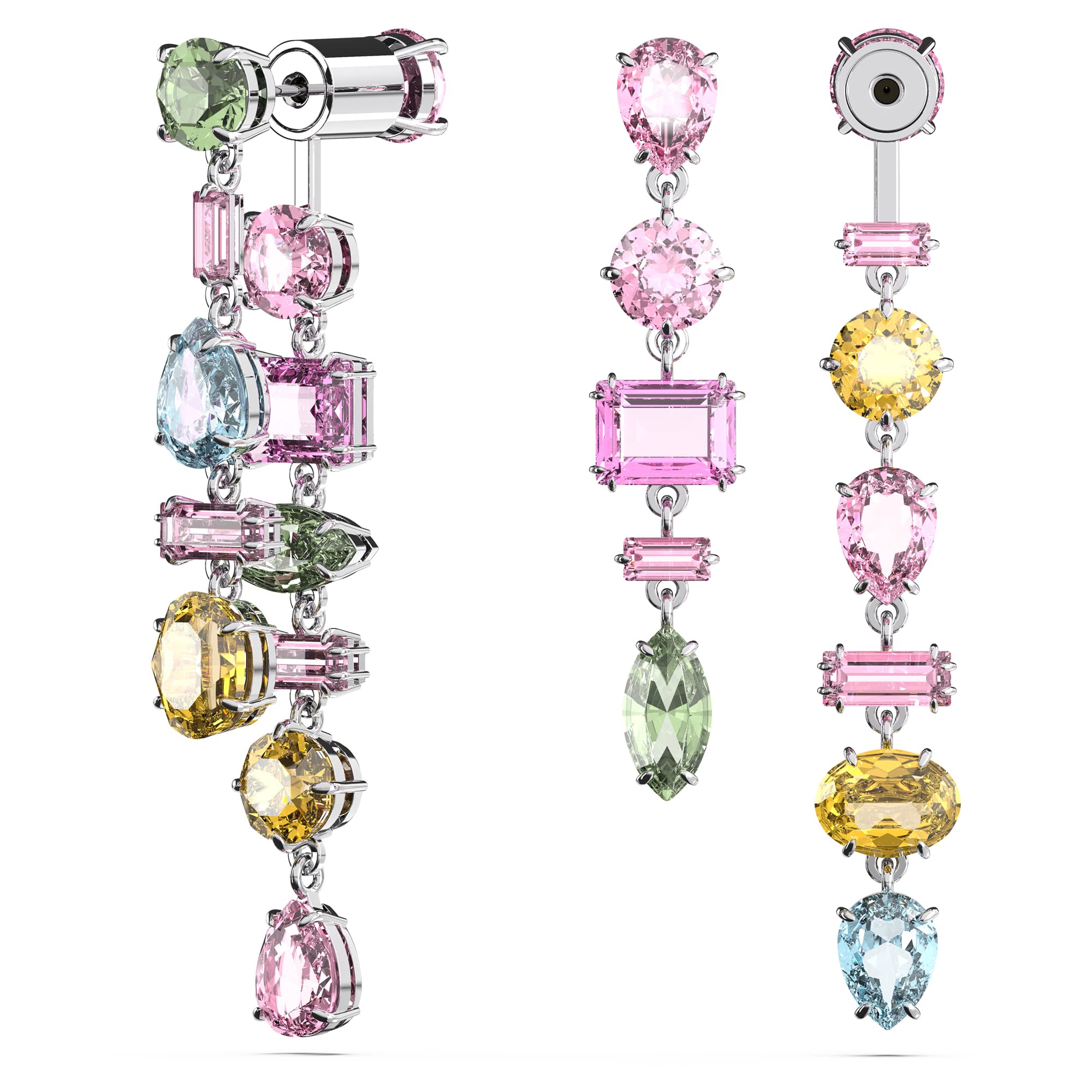 Swarovski Gema Drop Earrings, Asymmetrical design, Mixed cuts, Long, Multicolored, Rhodium Finish