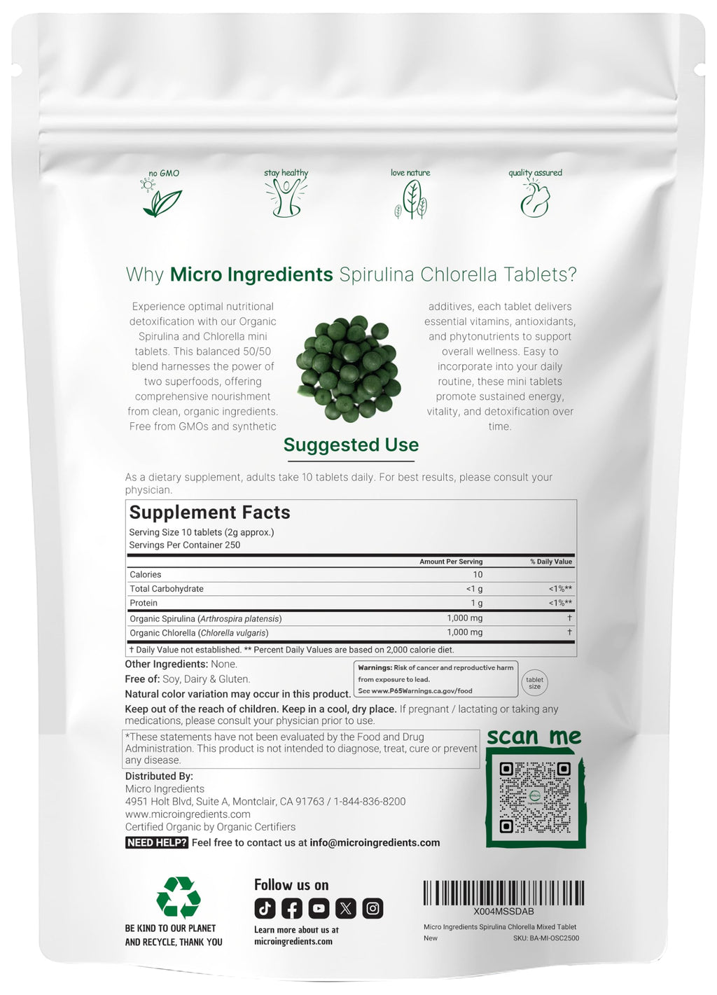 Micro Ingredients Organic Spirulina Chlorella Mini Tablets, 2,500 Tablets (8 Month Supply) | 50/50 Blend Superfood | Cracked Cell Wall for Better Absorption | Rich in Vegan Protein & Chlorophyll