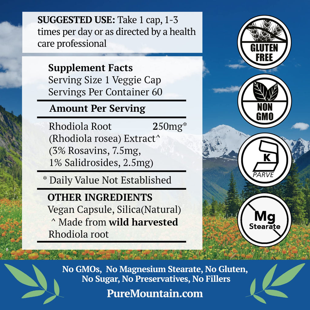 Pure Mountain Botanicals Rhodiola Rosea Supplement - 60 Capsules 250mg - Root Extract Standardized 3% Rosavins 1% Salidroside - Vegan Kosher Gluten Free