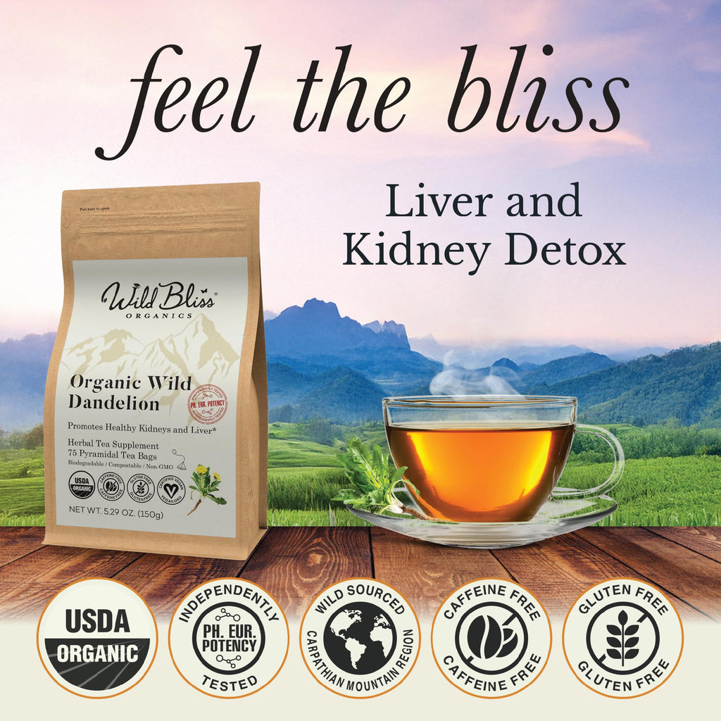 Wild Bliss Organic Wild Raw Dandelion Root Tea - Pharmacopoeia Quality Caffeine Free Herbal Detox Support - 75 Plant Based Tea Bags