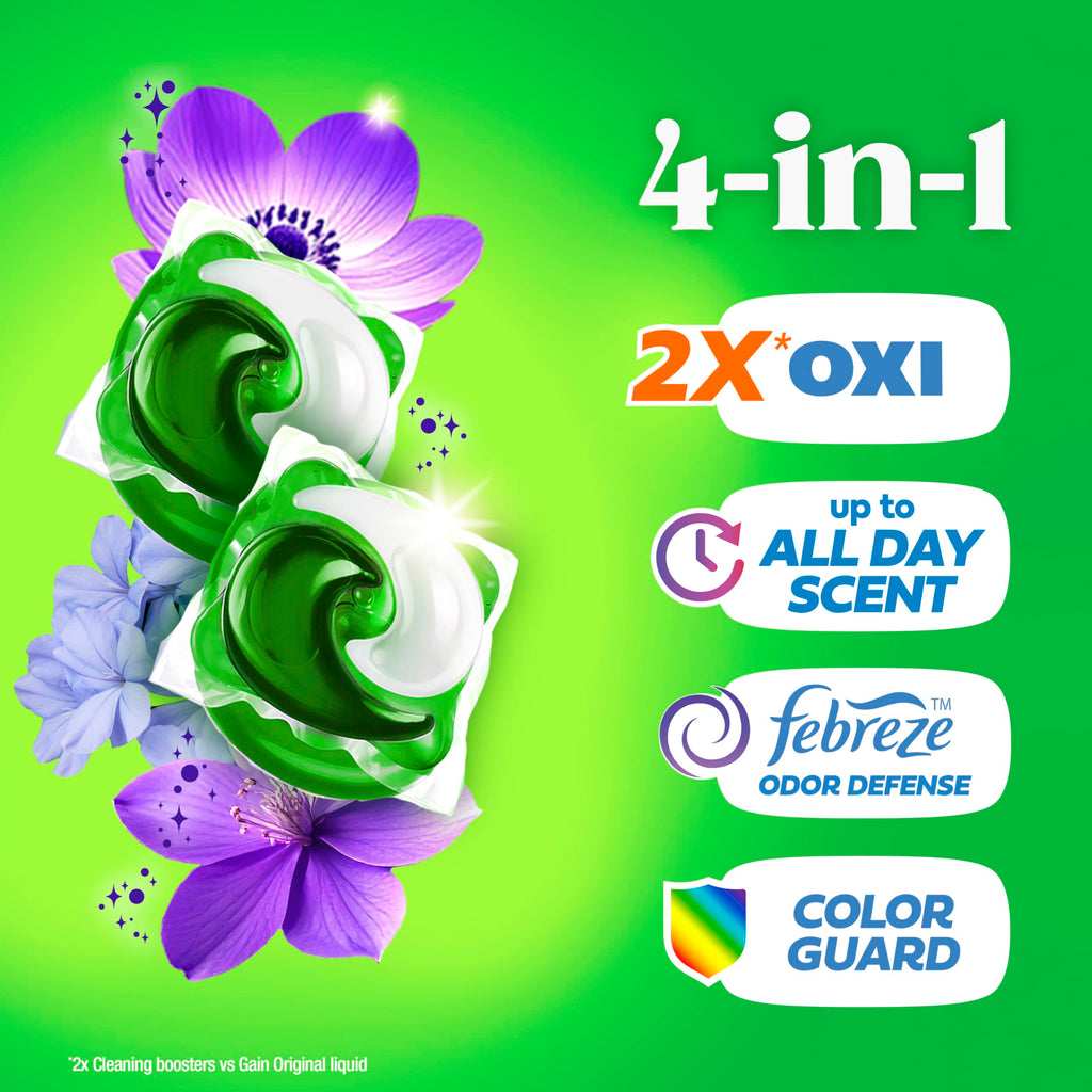 Gain Flings Liquid Washing Detergent Pacs with Odor Defense + Color Guard, Moonlight Breeze Scent, 4-In-1 Liquid Laundry Detergent Pods, Clean & Fresh, 60 Count (Packaging May Vary)