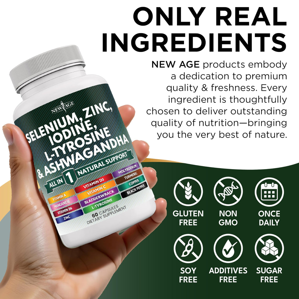 NEW AGE Selenium, Zinc, Iodine, L Tyrosine, Ashwagandha - Supplement for Women and Men with Bladderwrack, Turmeric, Silica Kelp, Schisandra - 120 Count