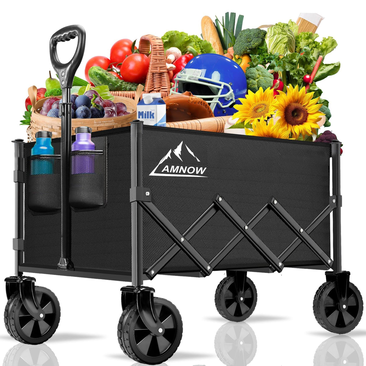 AMNOW 100L Collapsible Wagon Cart with All Terrain Wheels, 350LBS, Black