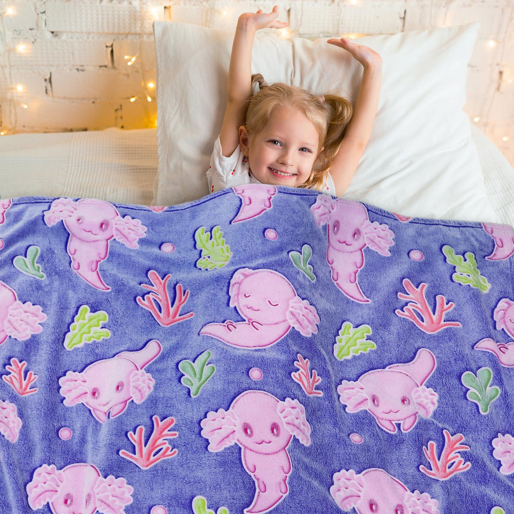 KIVEE Axolotl Gifts for Girls Kids, Glow in the Dark Axolotl Blanket for Toddler Girl, Axolotls Toys Stuff, Girls Birthday Gifts Kids Teens Christmas, Cute Axolotls Bedroom Decor, 50"x60"