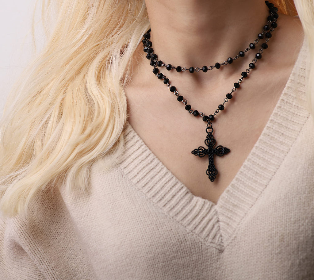 Layered Black Beaded Cross Choker, Goth Gothic Emo Punk Grunge Necklace