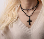 Layered Black Beaded Cross Choker, Goth Gothic Emo Punk Grunge Necklace