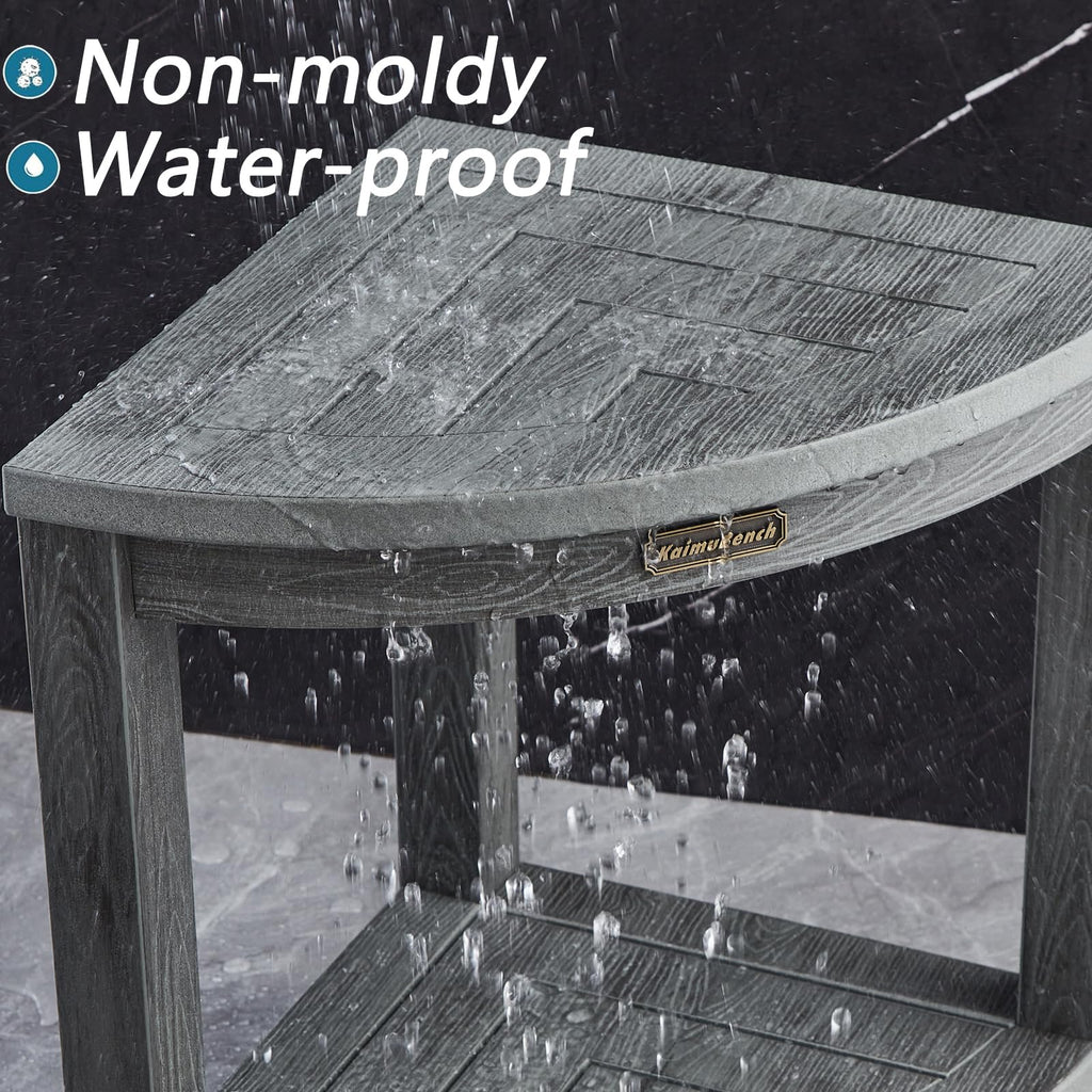 Waterproof Shower Bench for Inside Shower, Gray HDPS Corner Shower Stool for Shaving Legs, Poly Lumber Shower Foot Seat, Plastic Bathroom Shower Bench Seat with Storage Shelf, Non-Slip/No-Maintenance