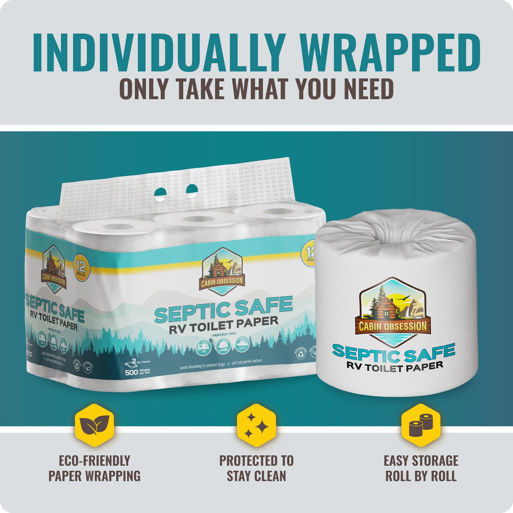 RV Toilet Paper - 12 Pack Septic Safe Toilet Paper 2-Ply Quick Dissolving Camper Tissue Paper Septic Safe to Prevent Clogs - Perfect for Automotive RVs, Septic Tank Systems, Boats, and Camping