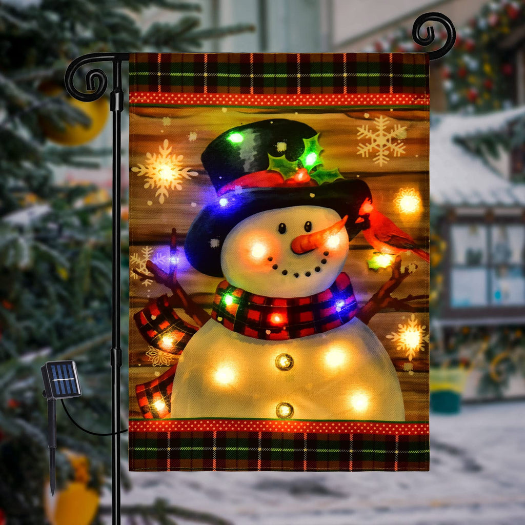 FLAGMESAGE Lighted Christmas Snowman Garden Flag Outdoor Decor, 12x18 In