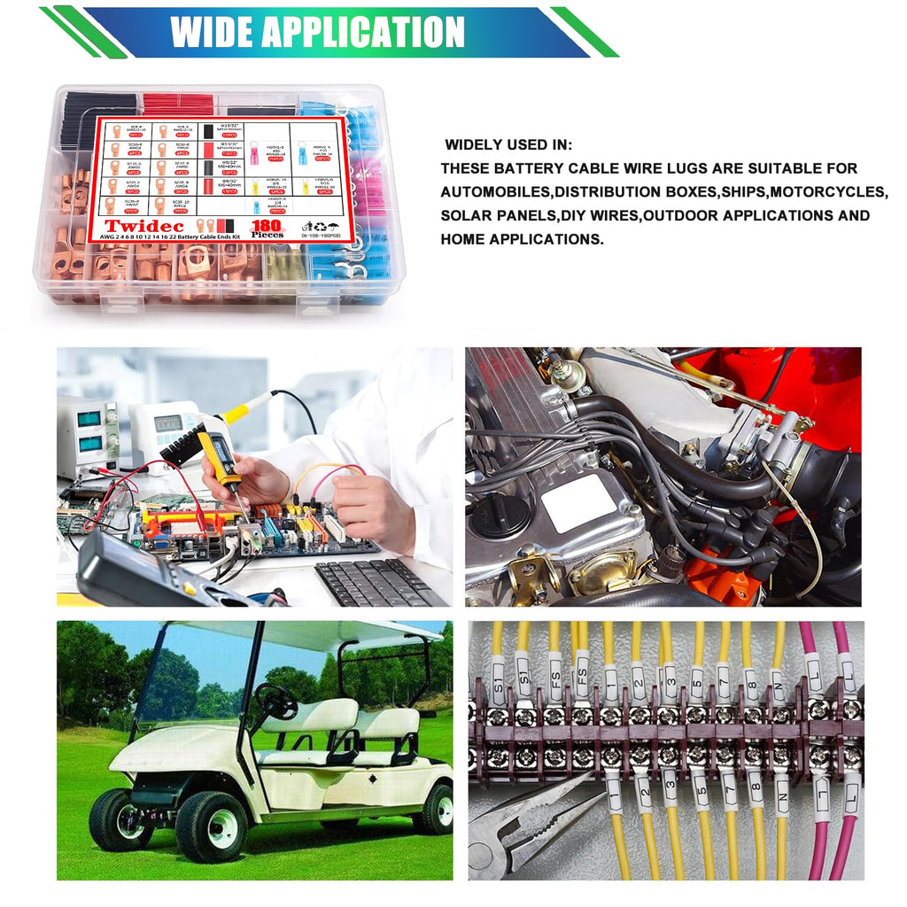 Twidec/180PCS Battery Cable Ends AWG 2 4 6 8 10 12 14 16 Gauge Copper Cable Wire Lugs,Ring Terminals Connectors,Copper Ring Terminals Connectors with Heat Shrink N-105-180PCS