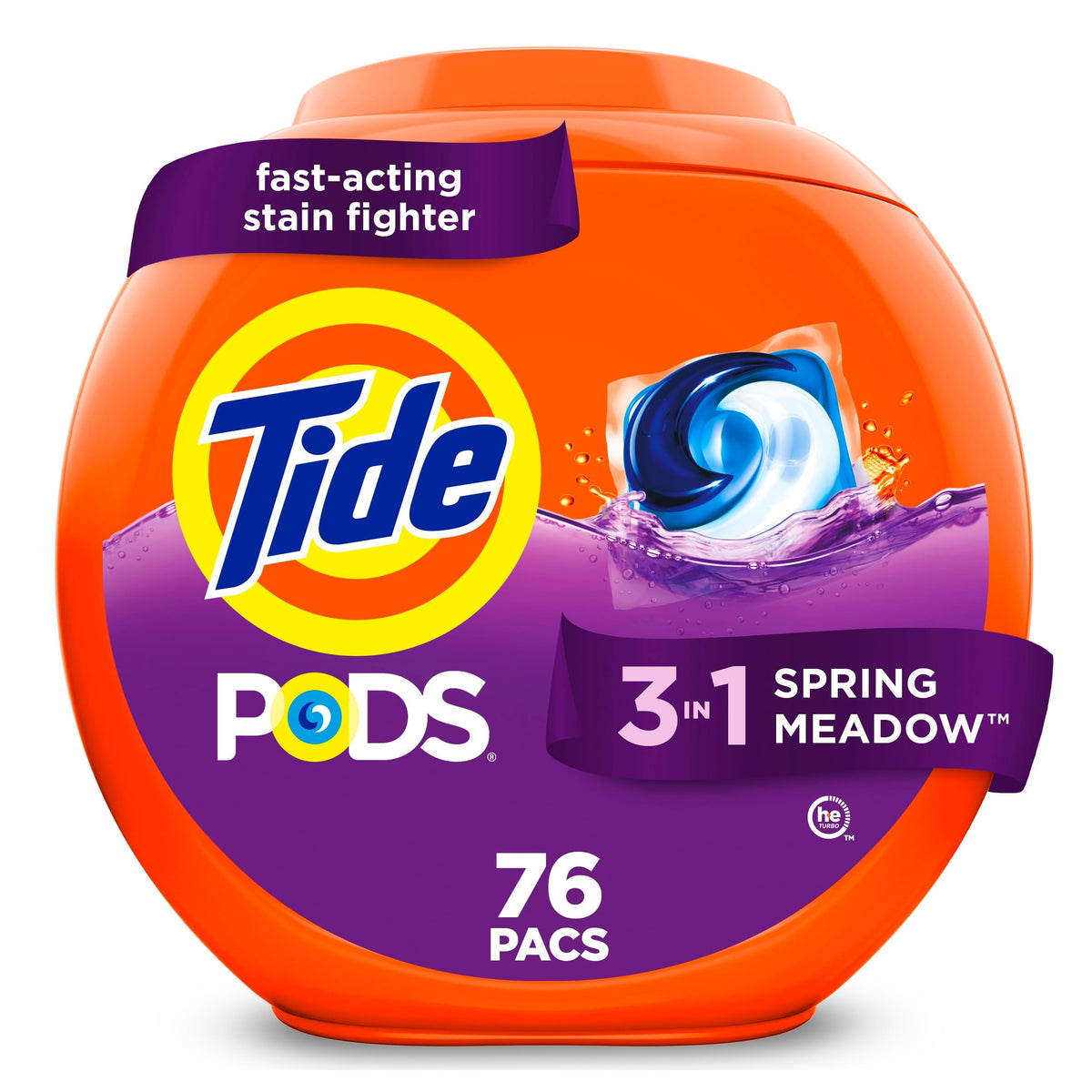 Tide PODS laundry detergent pacs, 3-in-1 Stain Remover, Odor Fighter, Color Protector, 76 Count, HE compatible, Spring Meadow Scent