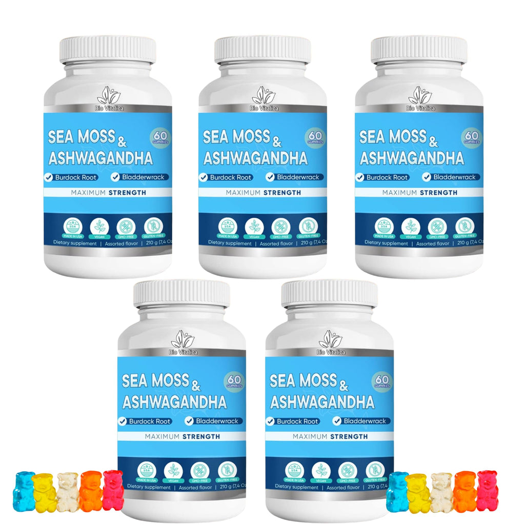 BIO VITALICA Sea Moss Ashwagandha Gummies - Organic Irish Sea Moss Blended with Burdock Root & Bladderwrack - Natural Energy & Calm Support for Adults - 5 Packs