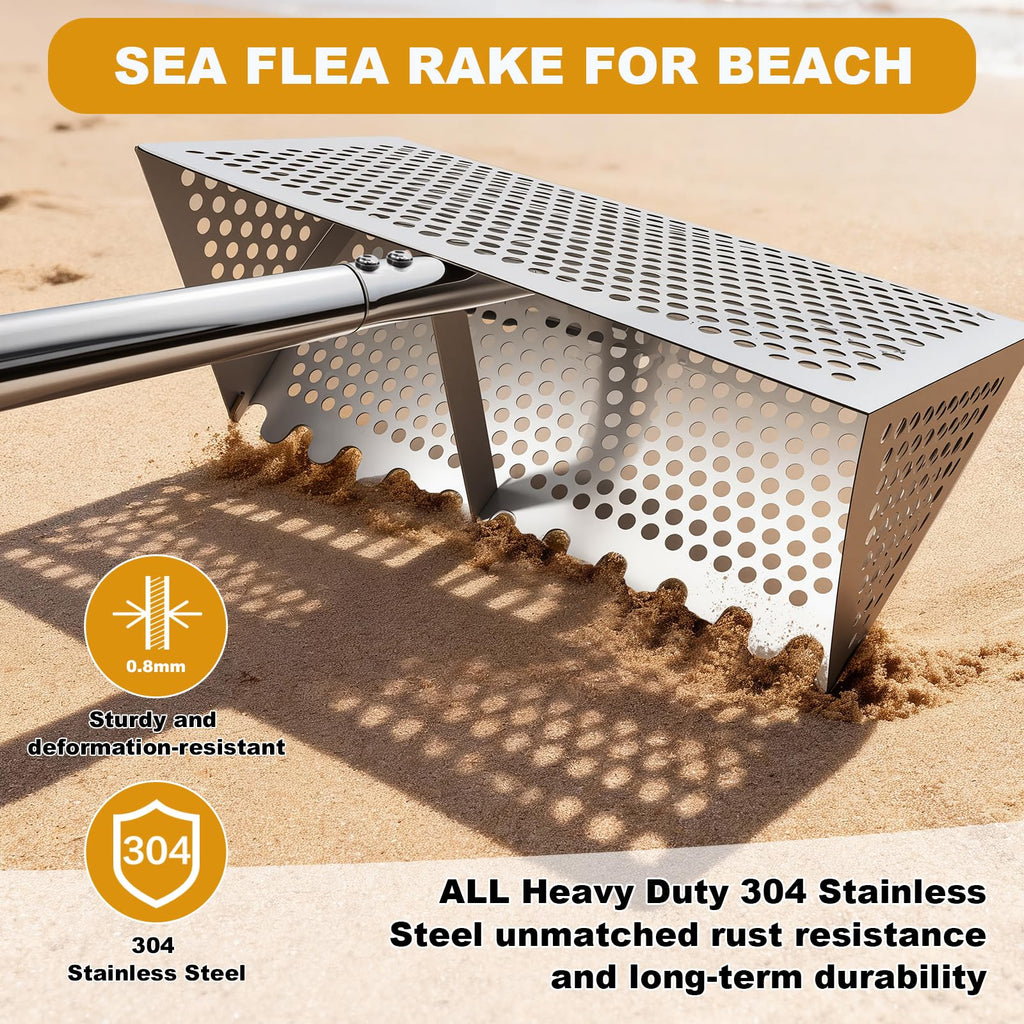 Sea Flea Rake for Beach - Premium 304 Stainless Steel Sand Sifter w 48'' Ergonomic Curved Long Handle, Beach Sifter w Large Basket w Curved Teeth, Sand Crab Catcher for Shark Teeth, Shells