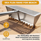 Sea Flea Rake for Beach - Premium 304 Stainless Steel Sand Sifter w 48'' Ergonomic Curved Long Handle, Beach Sifter w Large Basket w Curved Teeth, Sand Crab Catcher for Shark Teeth, Shells